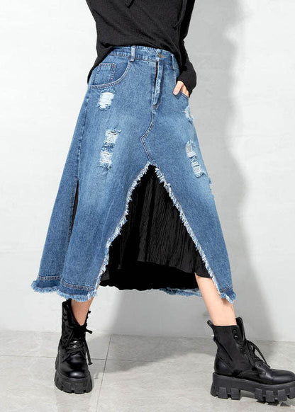 Blue Asymmetrical Patchwork Skirts Spring