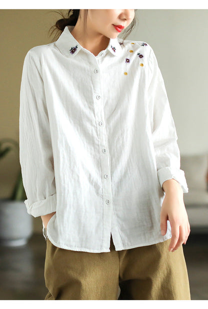 Art Double Layer Cotton Long Sleeve Embroidery Shirt