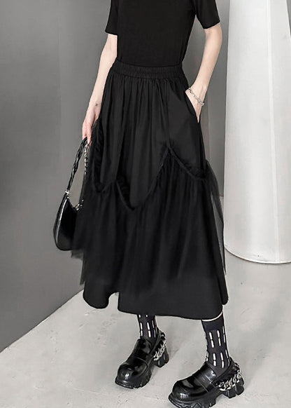 Black Wrinkled Pockets Elastic Waist Tulle Patchwork Skirts Fall