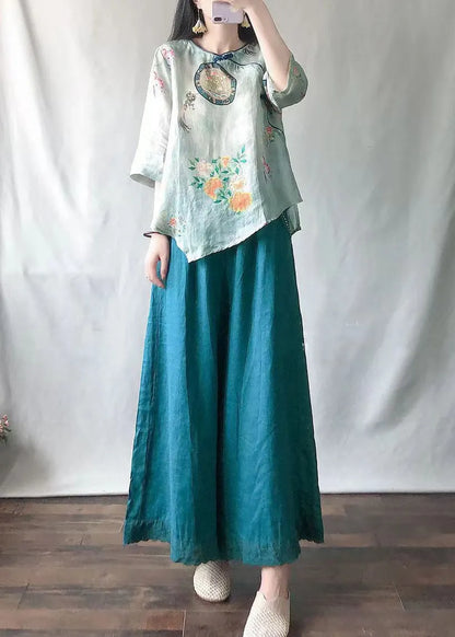 Light Green O-neck Print Shirts and Maxi Skirts Two Pieces Set Summer