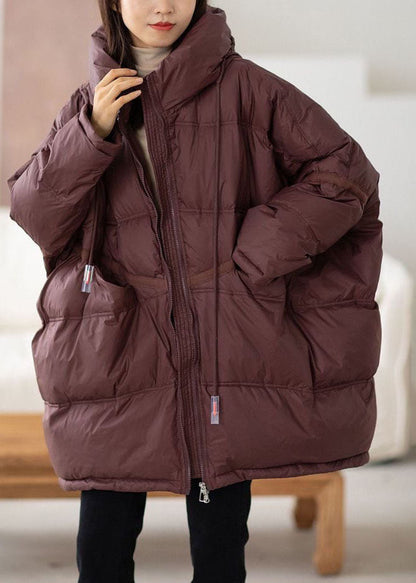 Coffee Hooded Oversized Drawstring Thick Canada Goose Jacket Batwing Sleeve