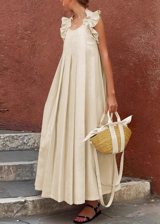 Apricot Ruffled Cotton Long Dress Sleeveless