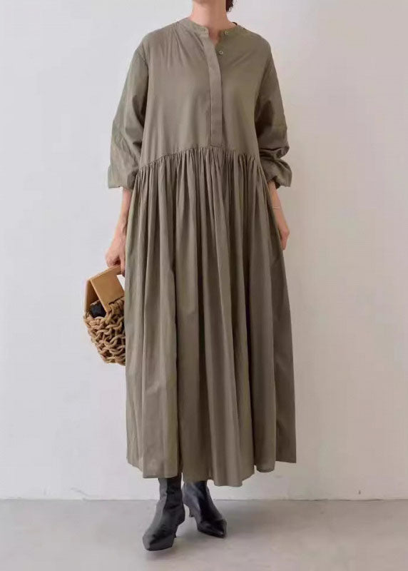Grey Wrinkled Patchwork Cotton Dresses Lantern Sleeve