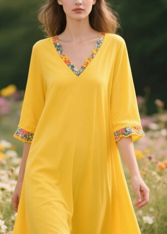 Yellow V Neck Patchwork Cotton a Line Dress Summer
