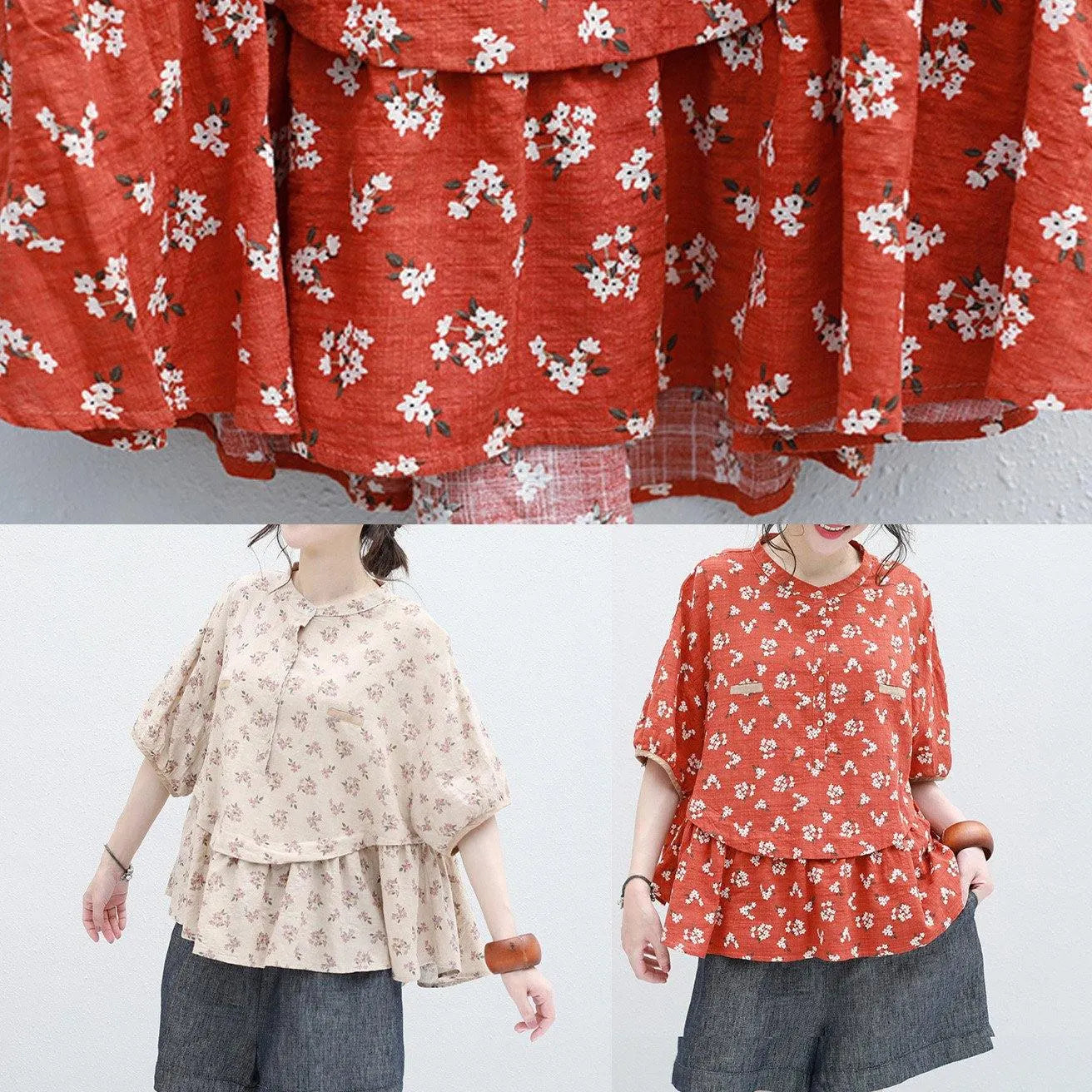 Stand Collar Nude Prints Linen Top Silhouette Design Half Sleeve Blouses Summer