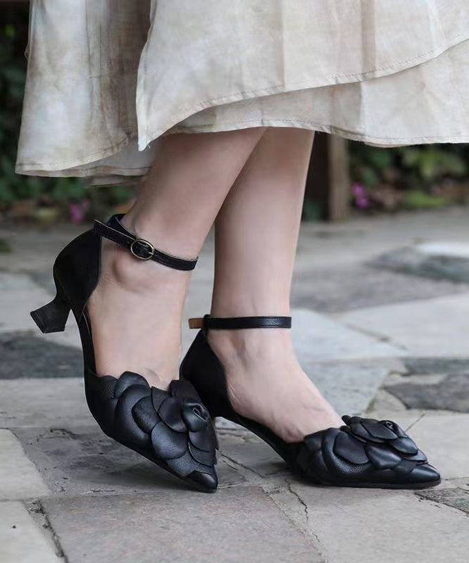 Boutique Black High Heel Cowhide Leather Sandals Buckle Strap