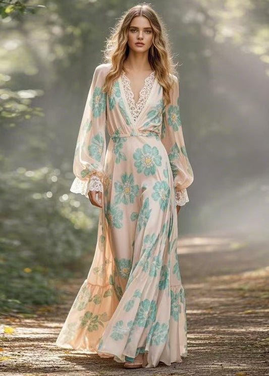 Apricot V Neck Print Patchwork Silk Maxi Dresses Spring