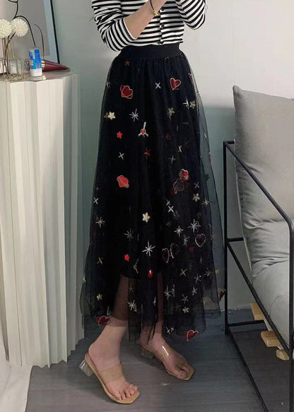 Black Hearts Embroideried Sequins Tulle Long Skirt Spring