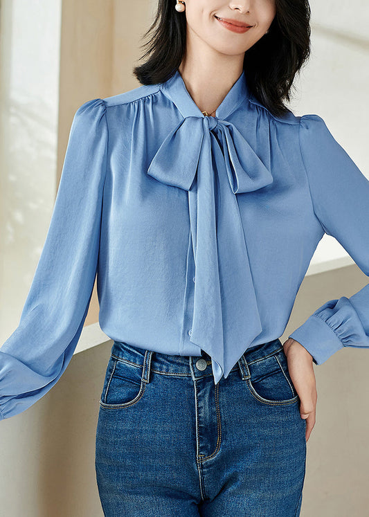Stylish Blue Bow Patchwork Shirt Fall