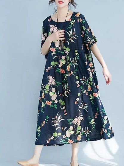 Organic Cotton Linen Robes O Neck Large Hem Love Summer Dresses