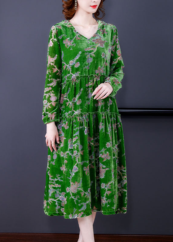 Green Ruffled Patchwork Velour Dresses