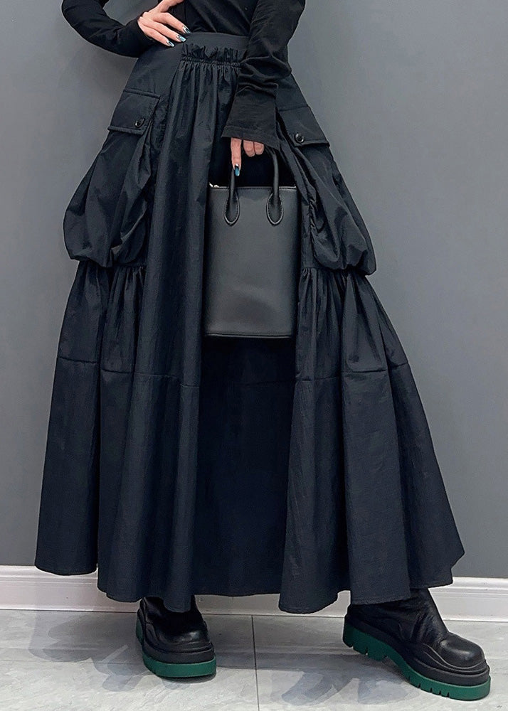Modern Black Pockets Wrinkled Patchwork Cotton Skirts