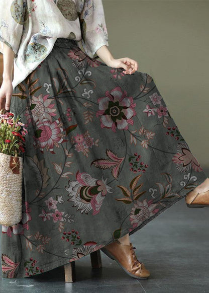 Blue Stripes Print Ramie Elastic Waist Skirt