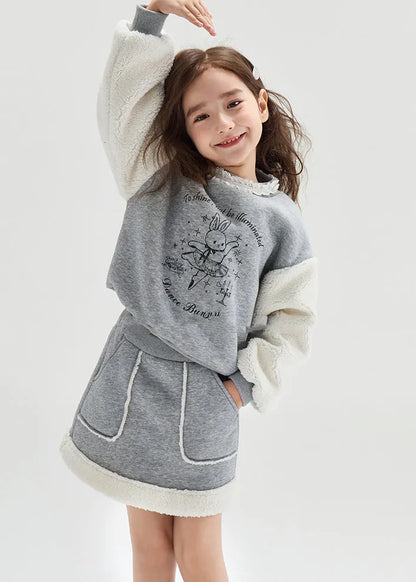 Grey O-neck Print Patchwork Warm Sweatshirt and Skirts Two Pieces Set Winter
