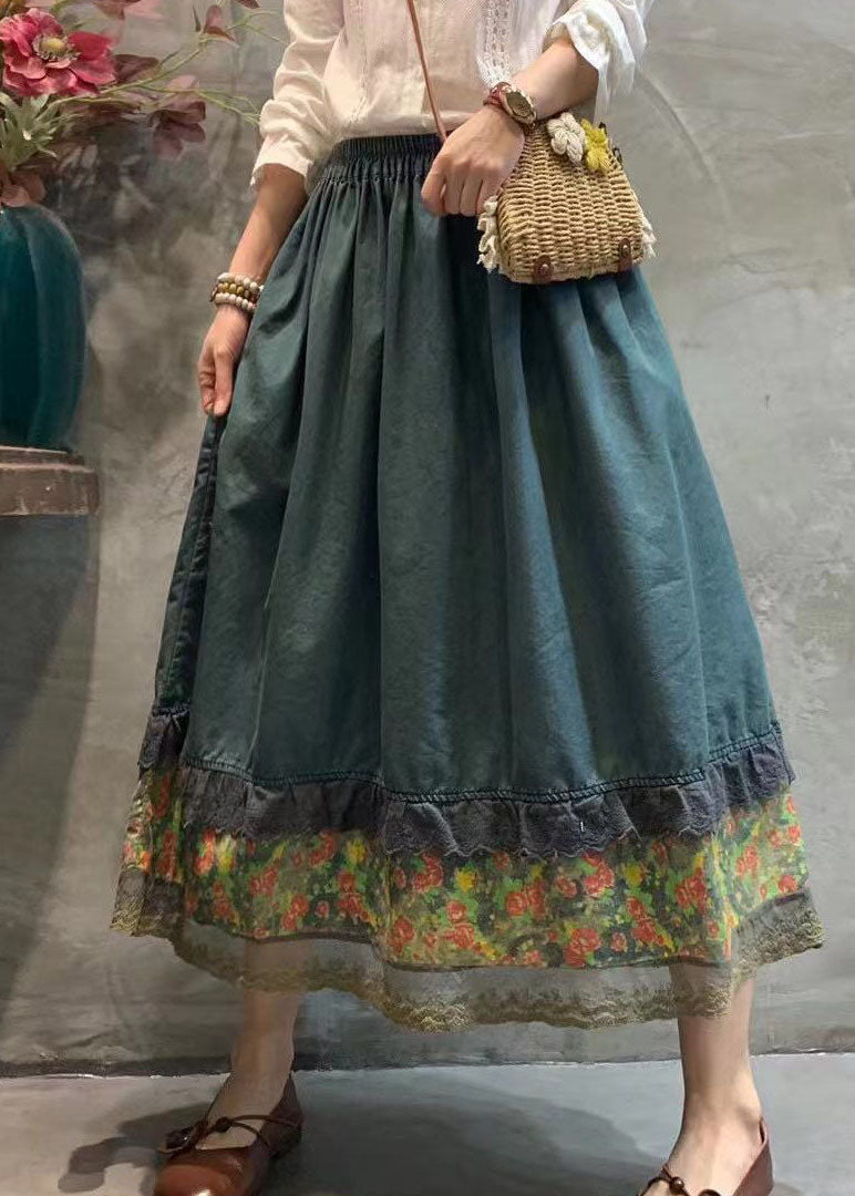 Dark Blue Elastic Waist Lace Patchwork Skirt Spring