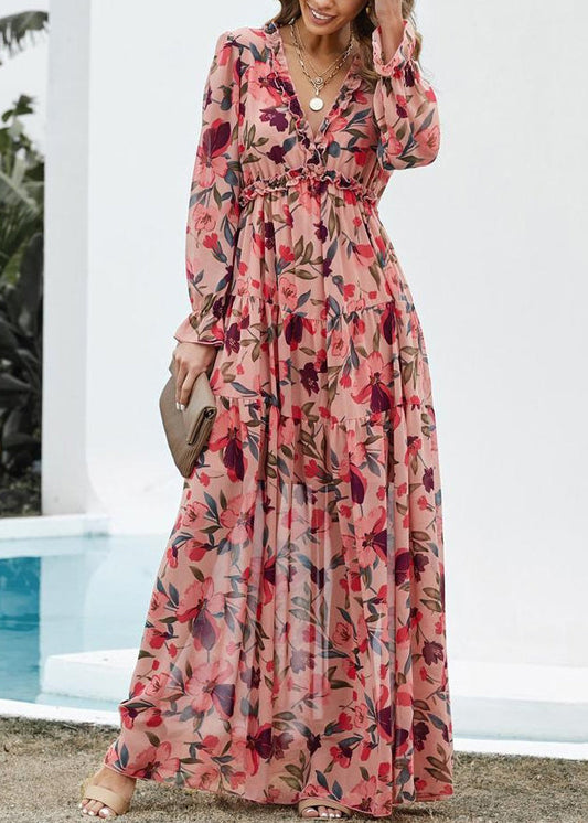 Pink V Neck Ruffled Print Chiffon Long Dress Spring
