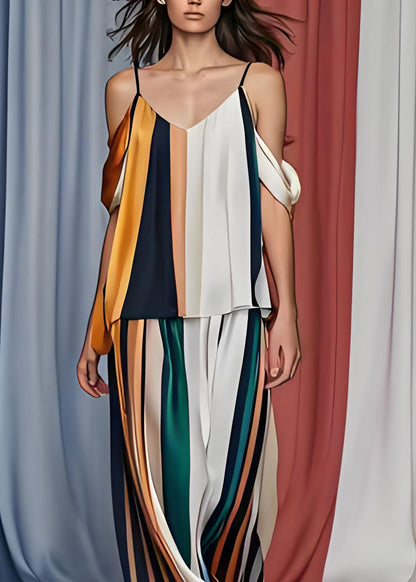 French Cold Shoulder Striped Silk Tops and Pants Set Sleeveless