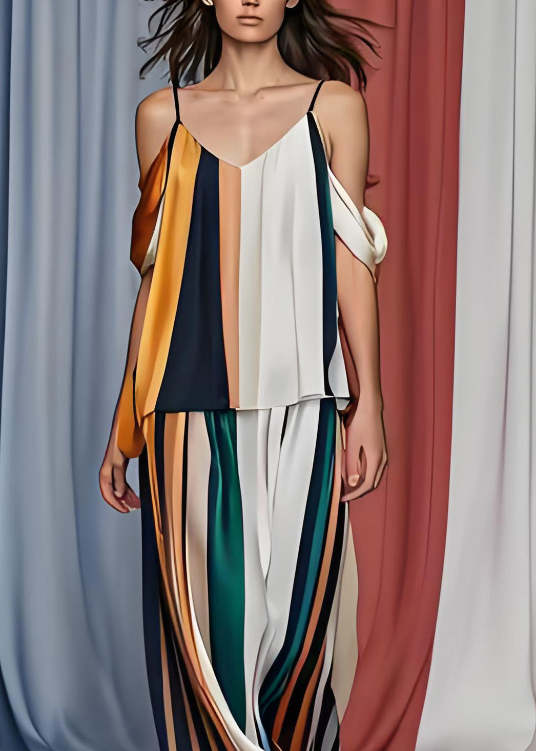 French Cold Shoulder Striped Silk Tops and Pants Set Sleeveless