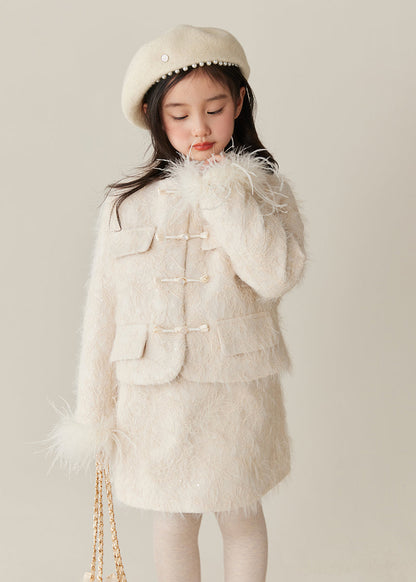 Beige O-neck Patchwork Parka and Skirts Two Pieces Set Spring