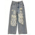 Vintage Bohemian Lace-paneled Distressed Washed Denim Jeans elevenforest