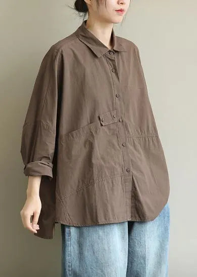 Diy Lapel Patchwork Shirts Work Outfits Chocolate Top