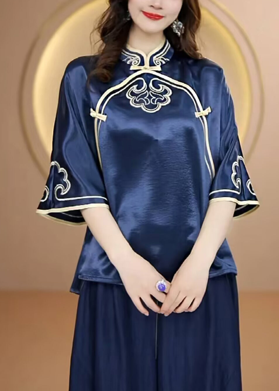 Navy Stand Collar Embroidered Silk Top Flare Sleeve