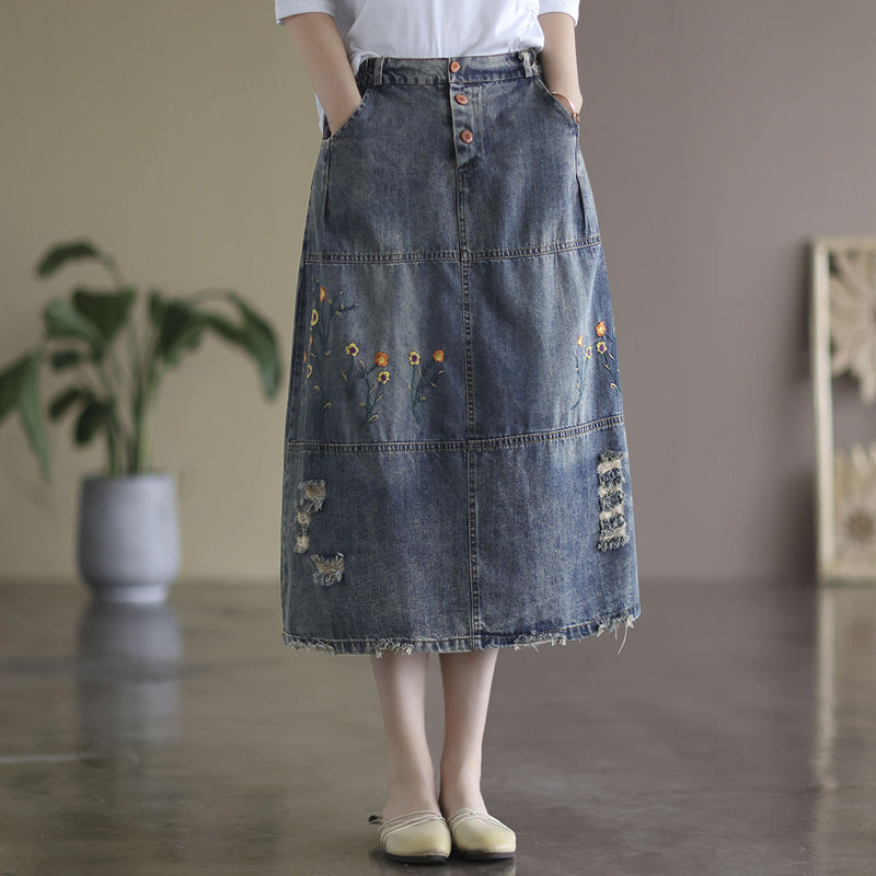 Denim Shredded Embroidered A-line Skirt