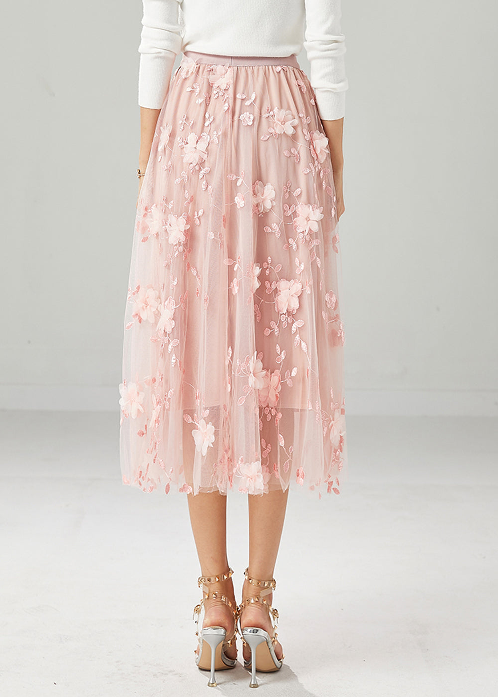 Pink Embroideried Stereoscopic Tulle Skirt Fall