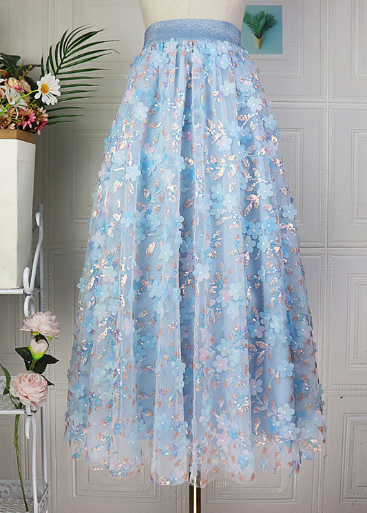 Blue Embroideried Elastic Waist Tulle Maxi Skirt Spring