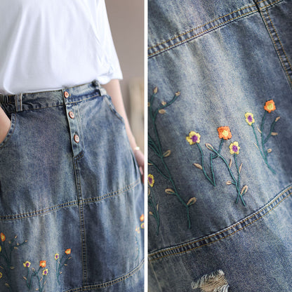 Denim Shredded Embroidered A-line Skirt
