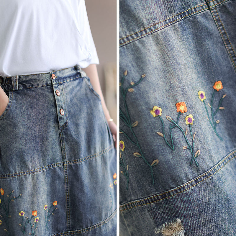 Denim Shredded Embroidered A-line Skirt