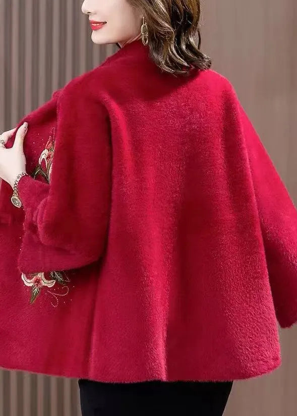 Loose Wine Red Embroidered Button Mink Velvet Coats Spring