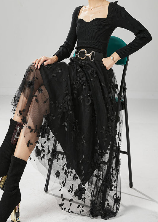 Fine Black Stereoscopic Tulle Skirt Fall