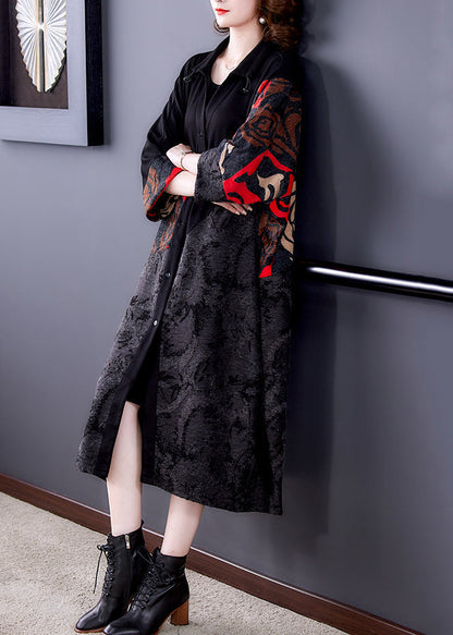 Black Print Button Patchwork Cotton Long Coats Fall