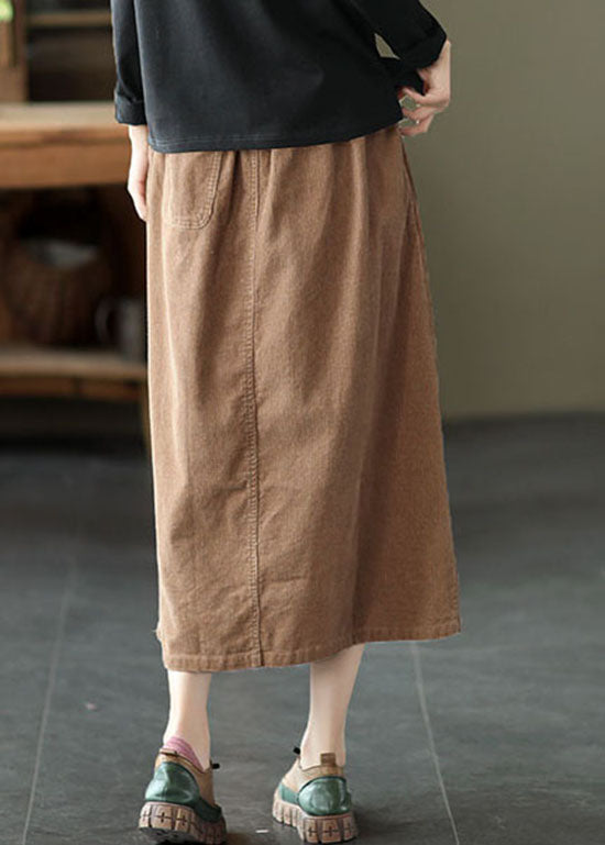 Khaki Elastic Waist Button Pockets Corduroy Skirts