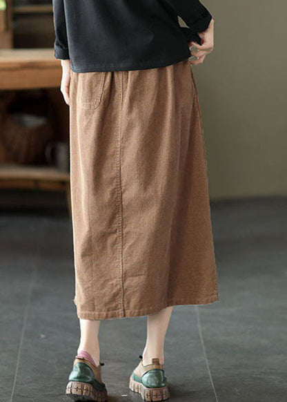 Khaki Elastic Waist Button Pockets Corduroy Skirts