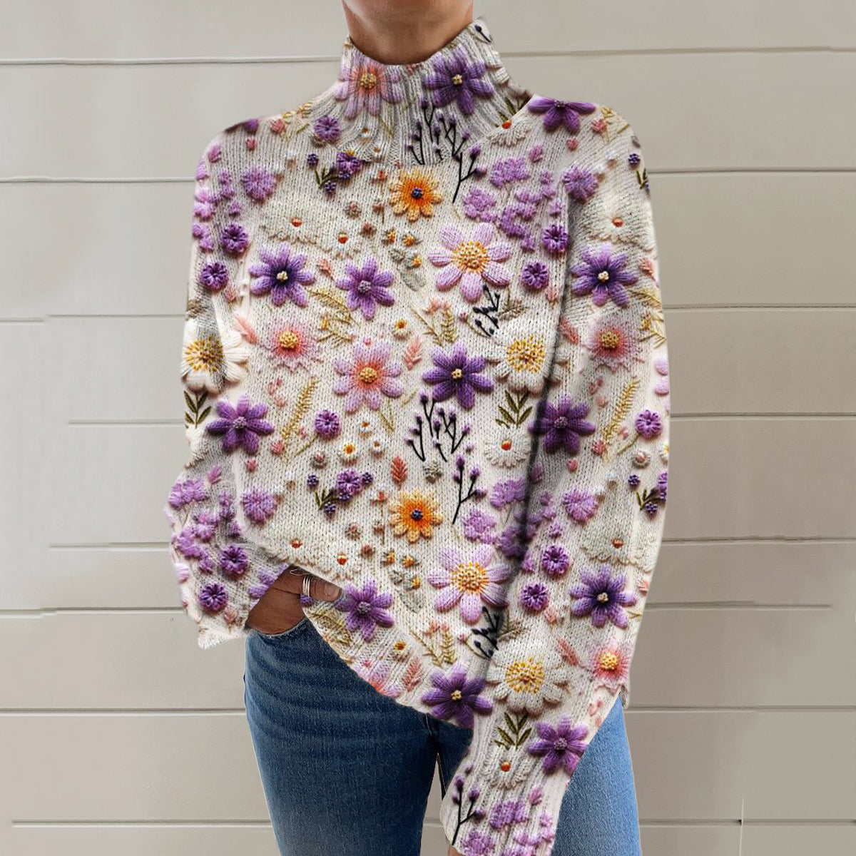 Floral Print Turtleneck Knitted Pullover Sweater artswardrobe