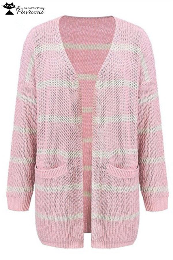 V Neck Striped Pocket Cardigan