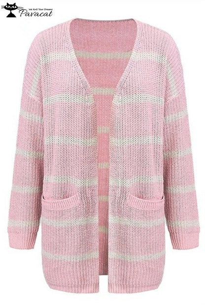 V Neck Striped Pocket Cardigan