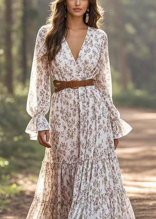 V Neck Patchwork Chiffon Long Dresses Petal Sleeve