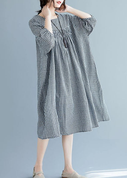French O Neck Lantern Sleeve Clothes for Pattern Black Plaid Dresses Summer