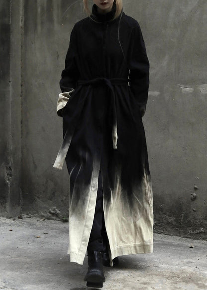 Gradient Color Tie Waist Pockets Denim Long Coats Long Sleeve