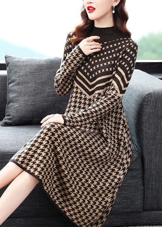 Camel High Neck Print Long Knit Dress Long Sleeve