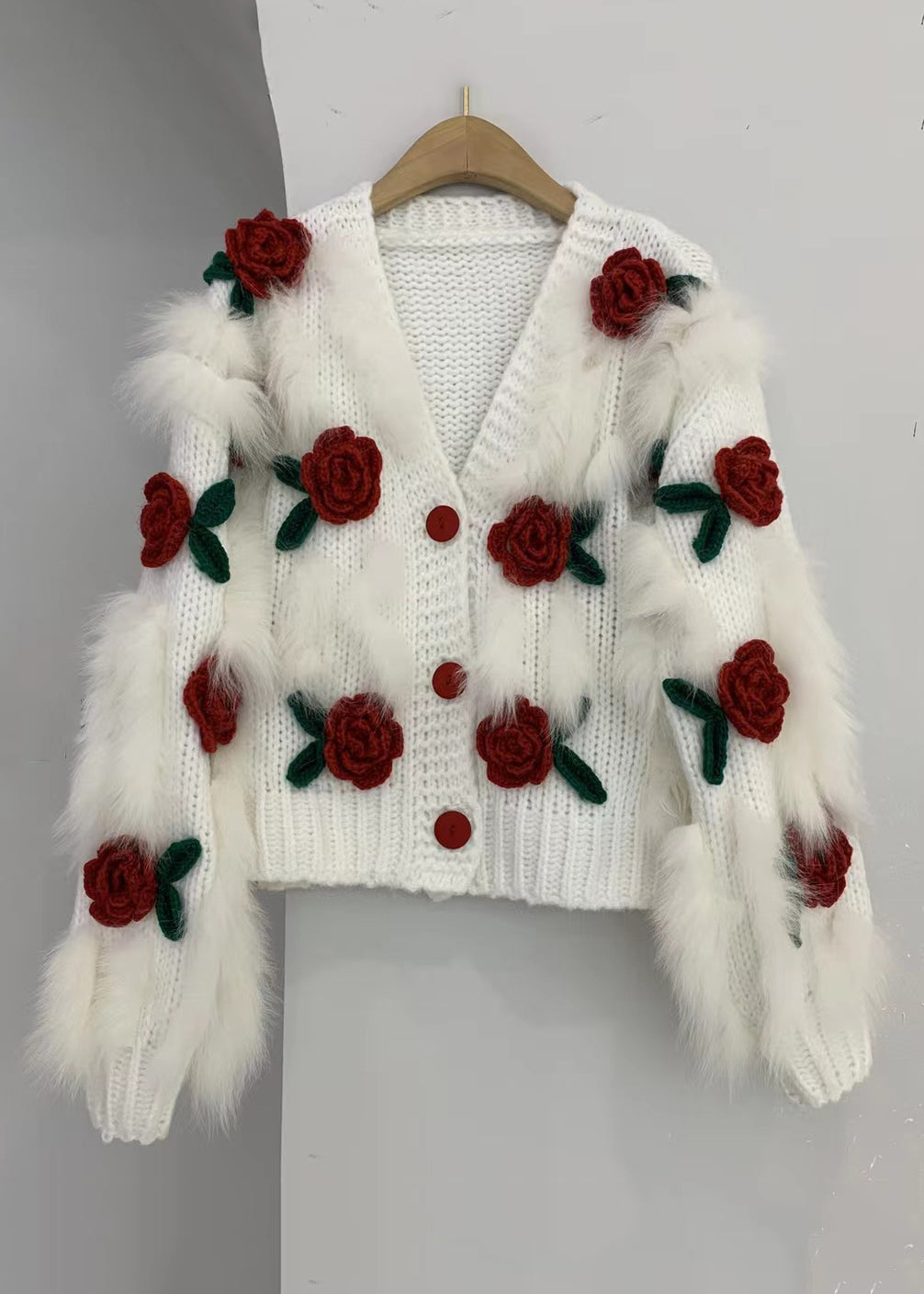 Pink V Neck Button Patchwork Knit Cardigan Winter