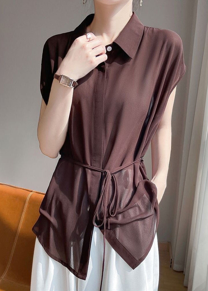Coffee Lace Up Chiffon Blouses Peter Pan Collar