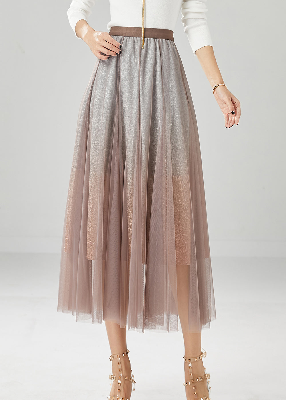 Brick Red Tulle a Line Skirt Gradient Color Summer