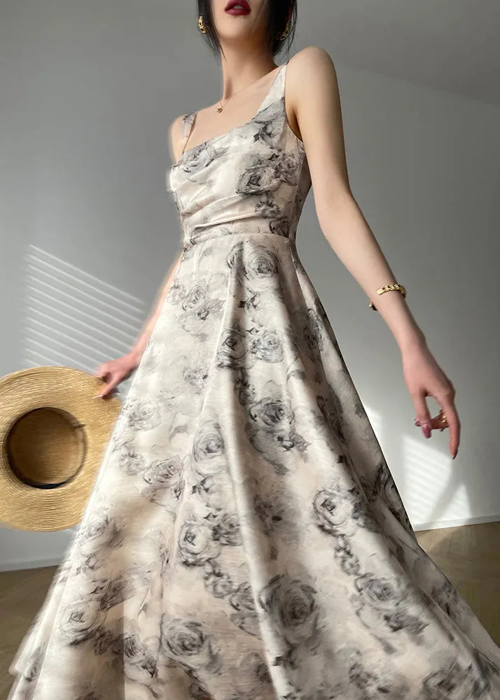 Square Collar Zippered Print Chiffon Maxi Dresses Sleeveless