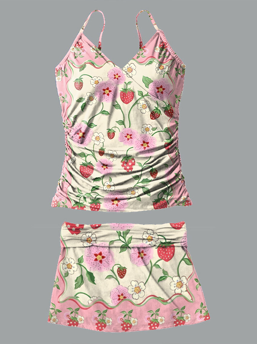 V-Neck Vintage Pink Cute Flower Art Print Suspender Skirt Tankini Pantskirt Set Swimsuit
