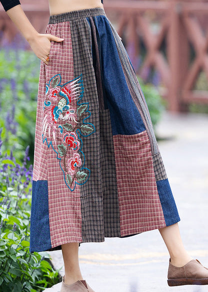 Blue Embroideried Plaid Patchwork Elastic Waist a Line Skirt Summer