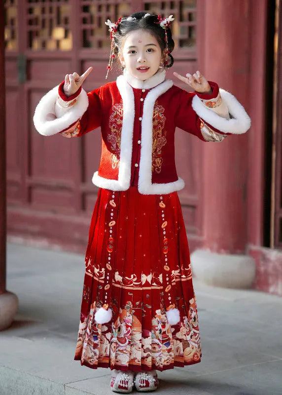 Champagne Fur Collar Button Kids Coats and Maxi Skirts Two Pieces Set Winter